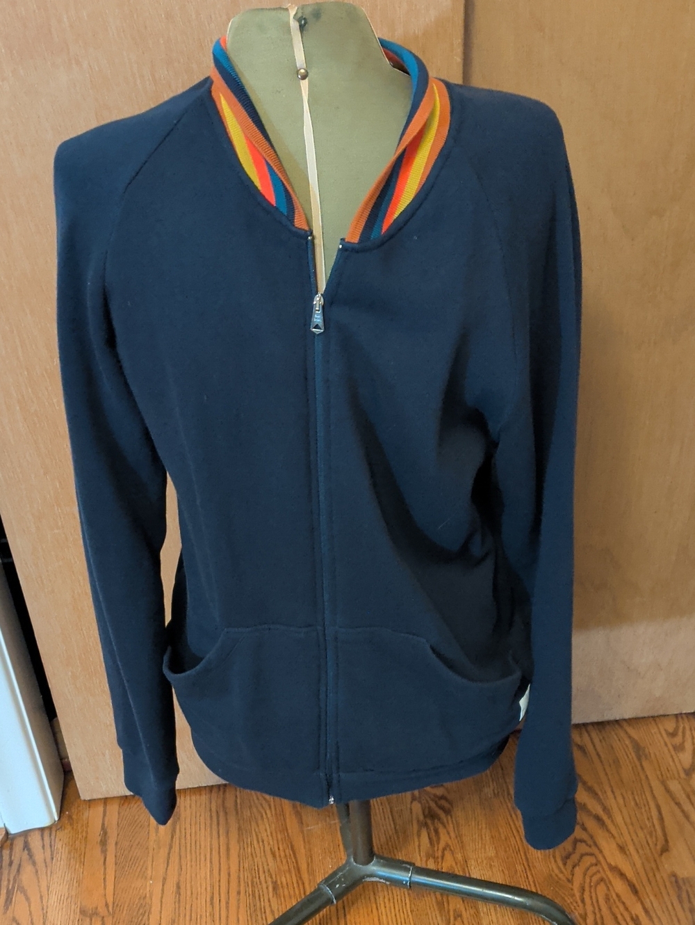 Paul Smith Navy Zip Front Varsity Jacket with Rainbow-Trim Collar